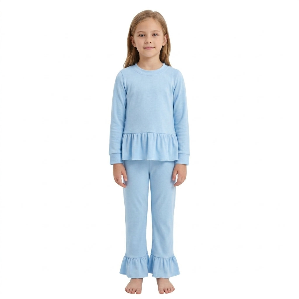 GLP3748 Solid Color Cotton Blue Ruffles Girls Set