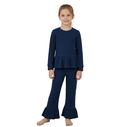 GLP3750 Solid Color Cotton Navy Ruffles Girls Set