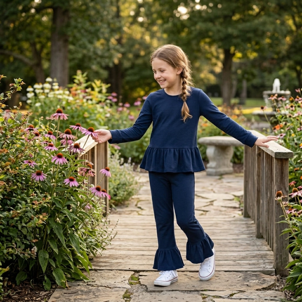 GLP3750 Solid Color Cotton Navy Ruffles Girls Set