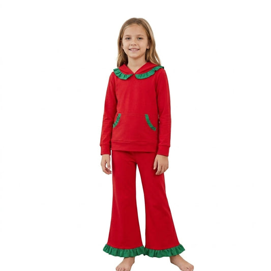 GLP3751 Christmas Green Ruffles Pocket Red Hoodie Pullover Girls Set