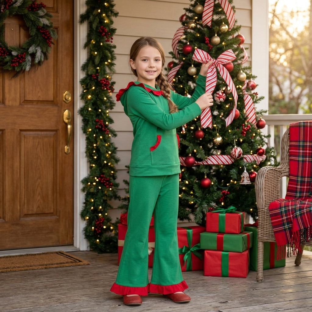 GLP3752 Christmas Red Ruffles Pocket Green Hoodie Pullover Girls Set
