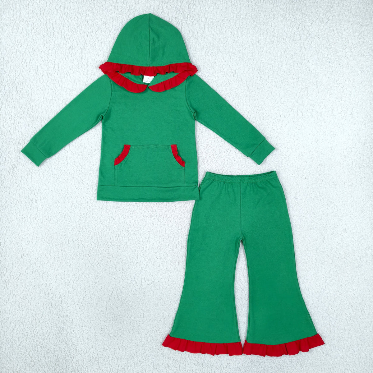 GLP3752 Christmas Red Ruffles Pocket Green Hoodie Pullover Girls Set