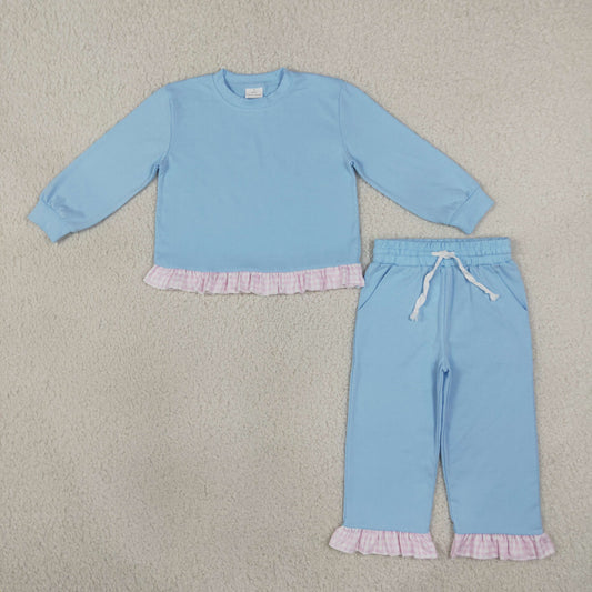 GLP3753 Solid Color Blue Cotton Pink Plaid Ruffles Girls Set