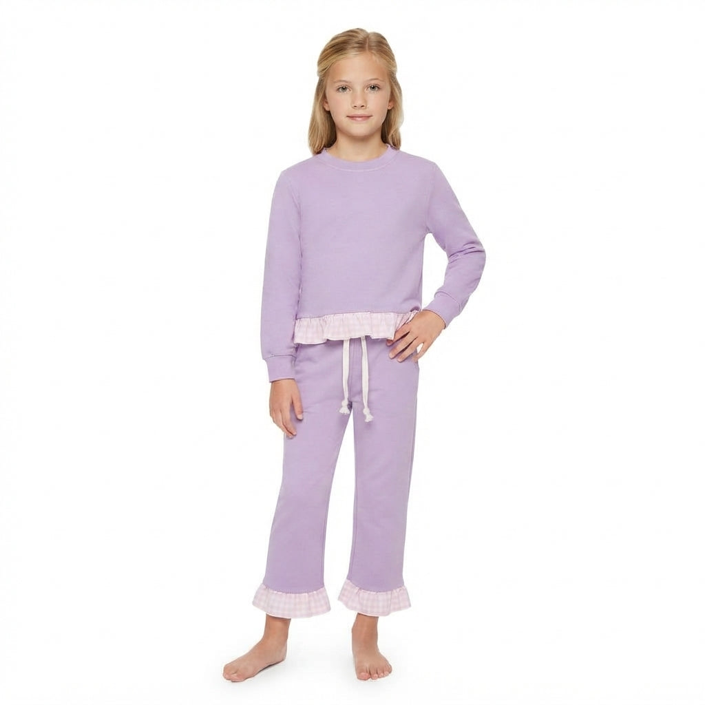 GLP3755 Solid Color Purple Cotton Pink Plaid Ruffles Girls Set