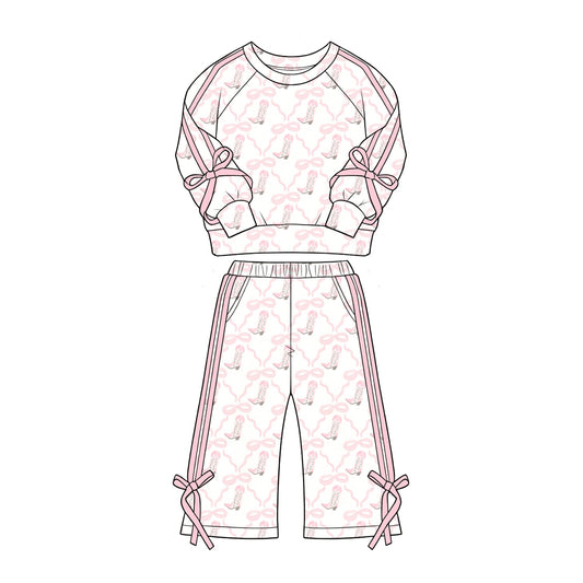Preorder MOQ 5 pcs GLP3805 Bows Boots Pink Stripe Girls Set 202609