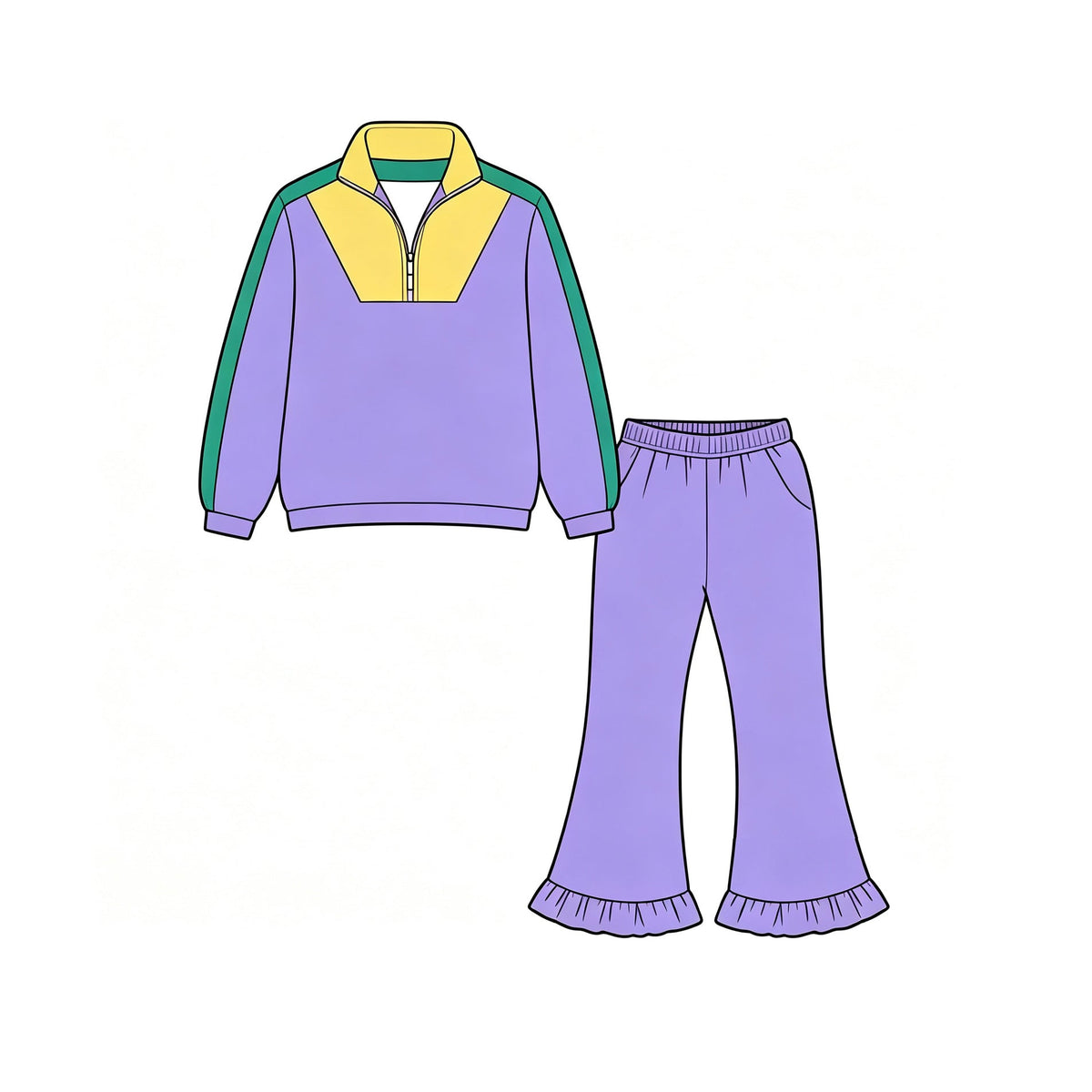 Preorder MOQ 5 pcs GLP3828 Mardi Gras Solid Color Kids Zipper Pullover Girls Set 202609