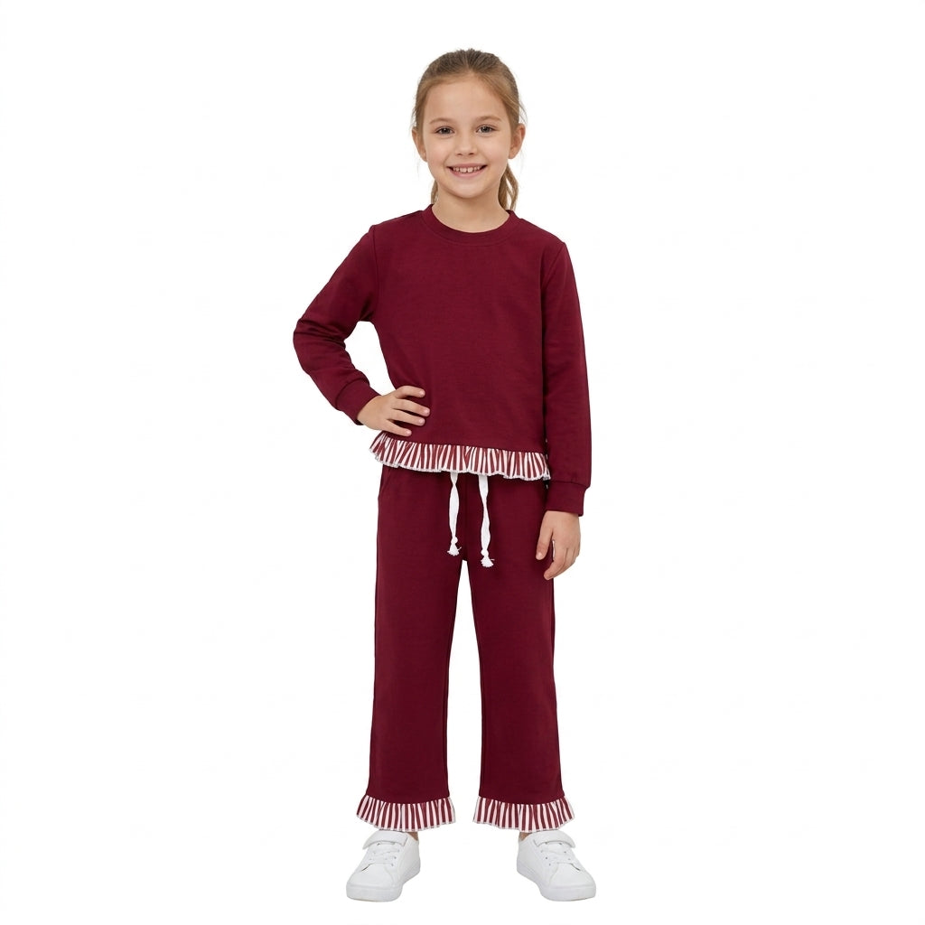 GLP3829 Solid Color Stripe Ruffles Maroon Girls Set