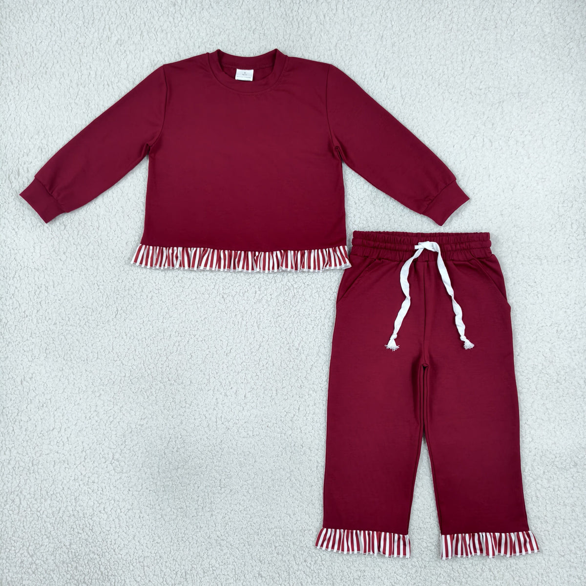 GLP3829 Solid Color Stripe Ruffles Maroon Girls Set
