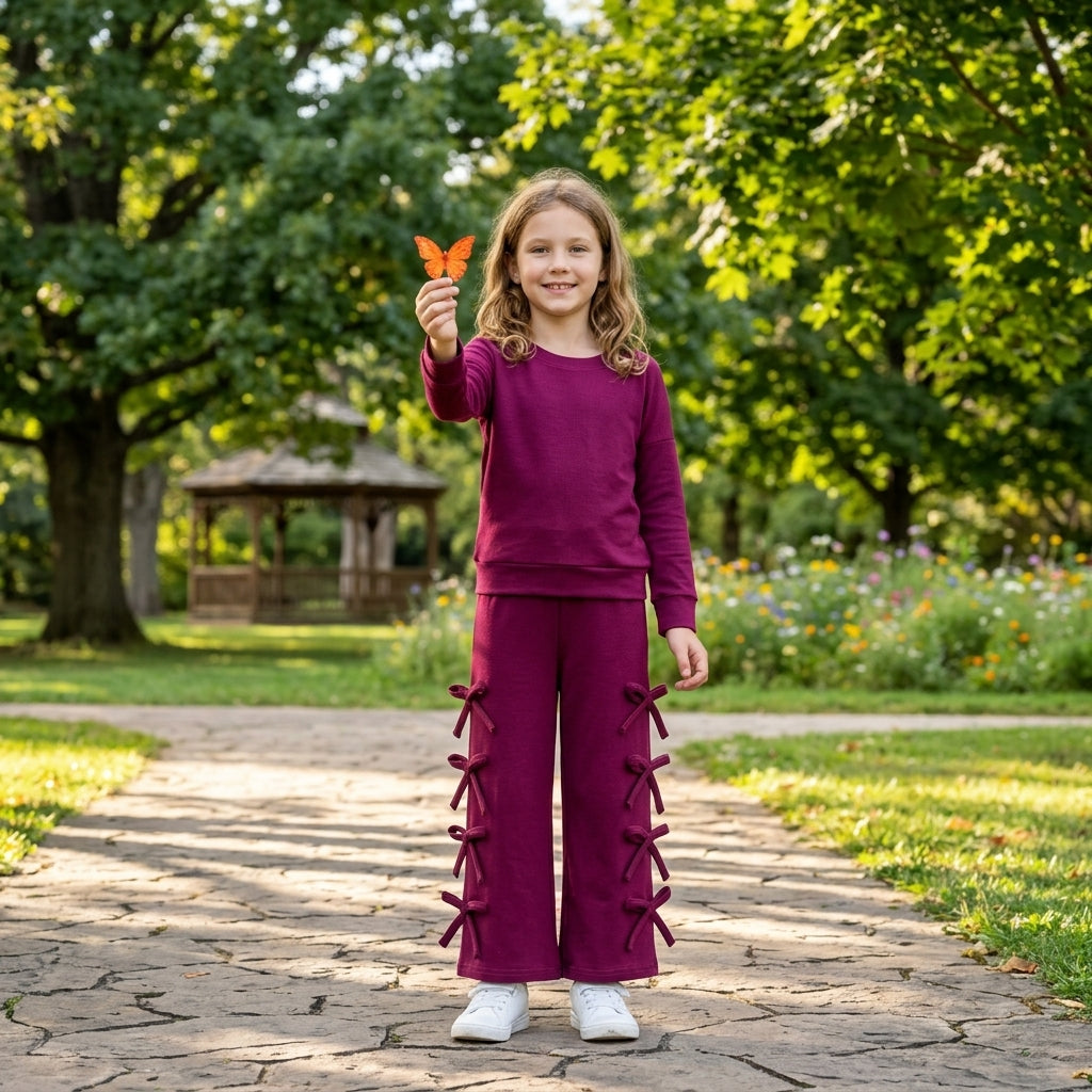 GLP3846 Solid Color Cotton Burgundy Bows Girls Set