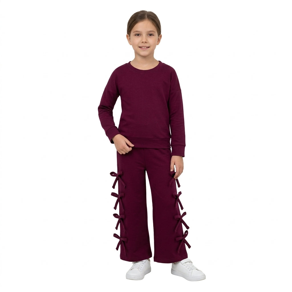 GLP3846 Solid Color Cotton Burgundy Bows Girls Set