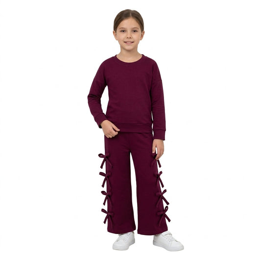 GLP3846 Solid Color Cotton Burgundy Bows Girls Set