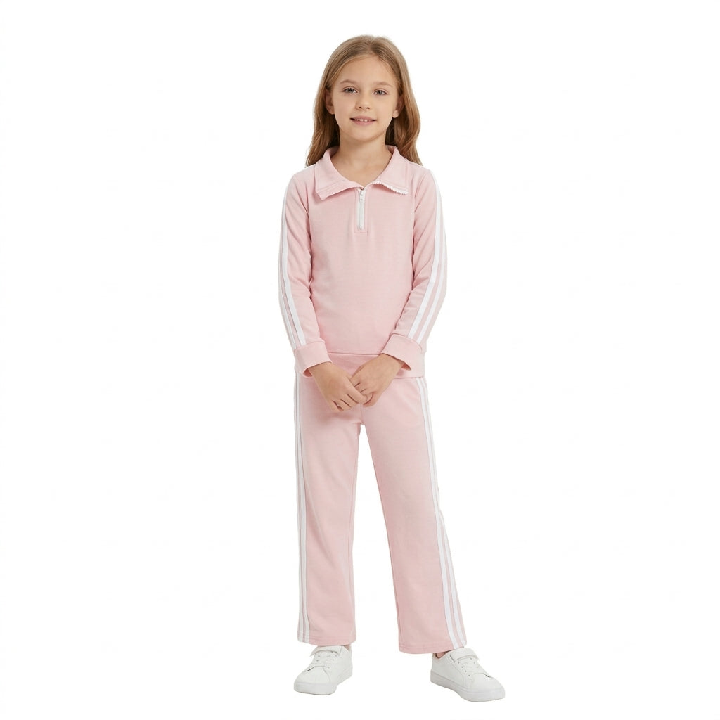 GLP3860 Solid Color Cotton Stripe Zipper Pullover Girls Set