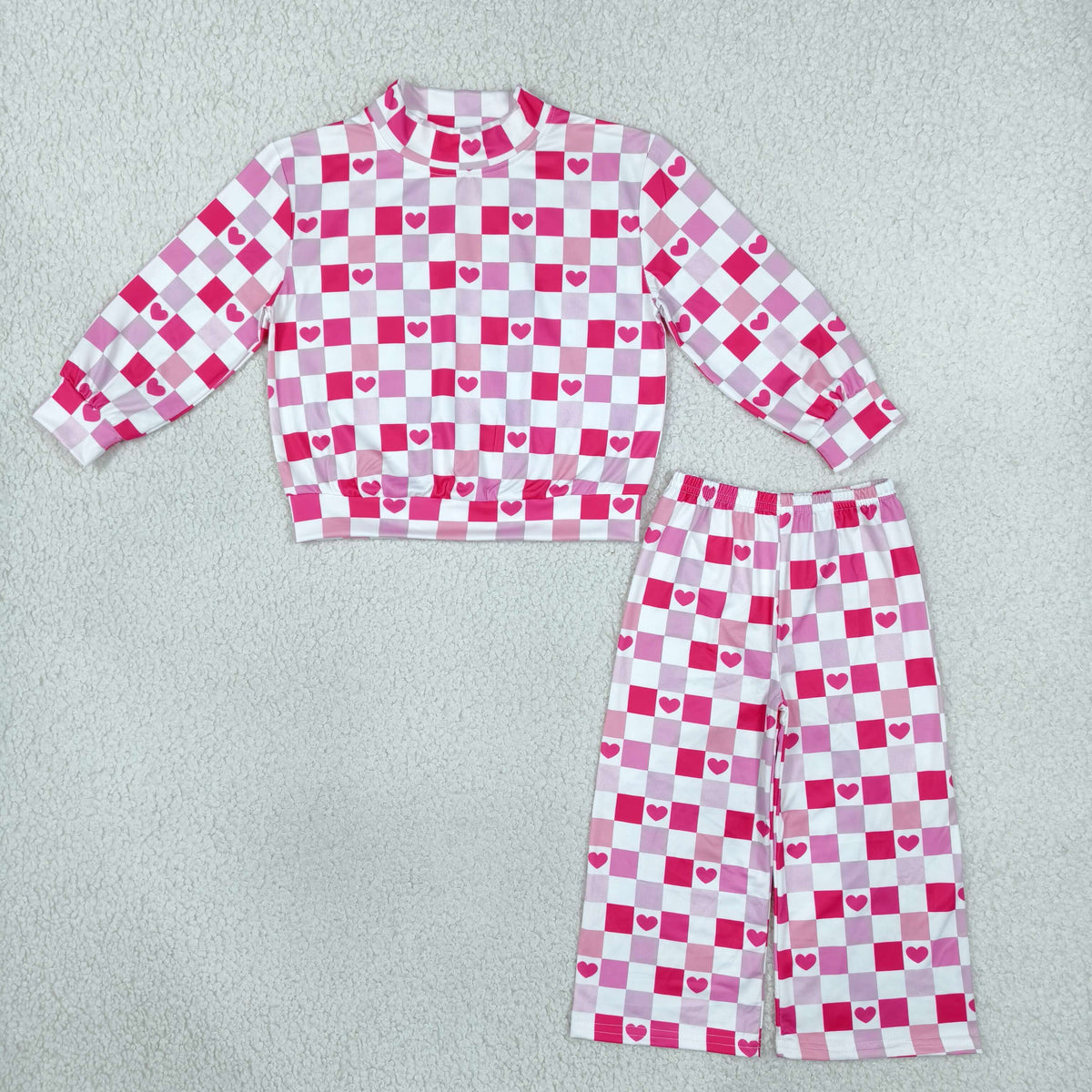 GLP3867 Valentine's Day Love Plaid Mockneck Rose Red Girls Set