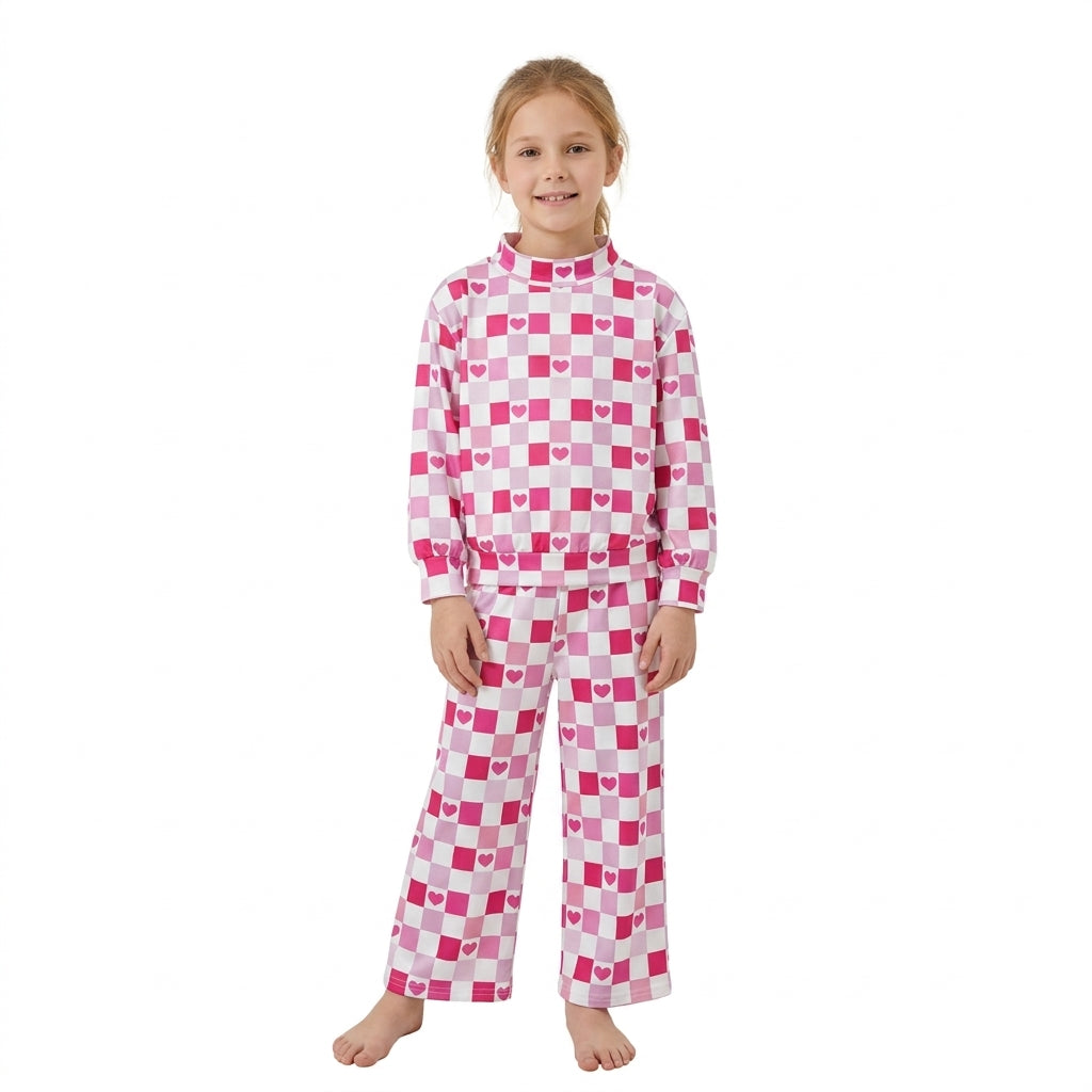 GLP3867 Valentine's Day Love Plaid Mockneck Rose Red Girls Set