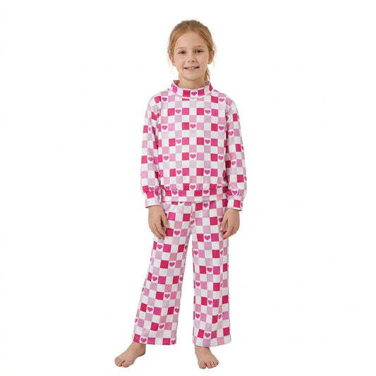 GLP3867 Valentine's Day Love Plaid Mockneck Rose Red Girls Set