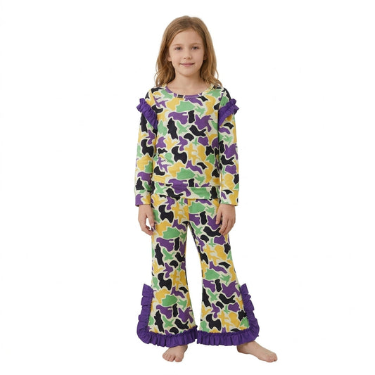 GLP3871 Mardi Gras Hunting Camo Ruffles Purple Girls Set