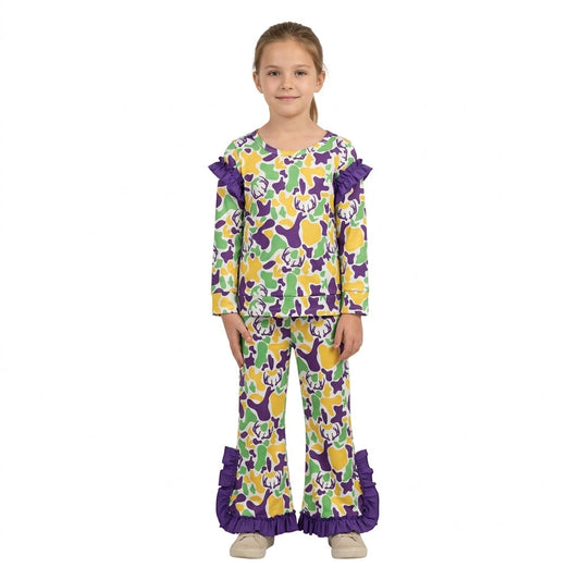 GLP3872 Mardi Gras Hunting Camo Ruffles Purple Girls Set