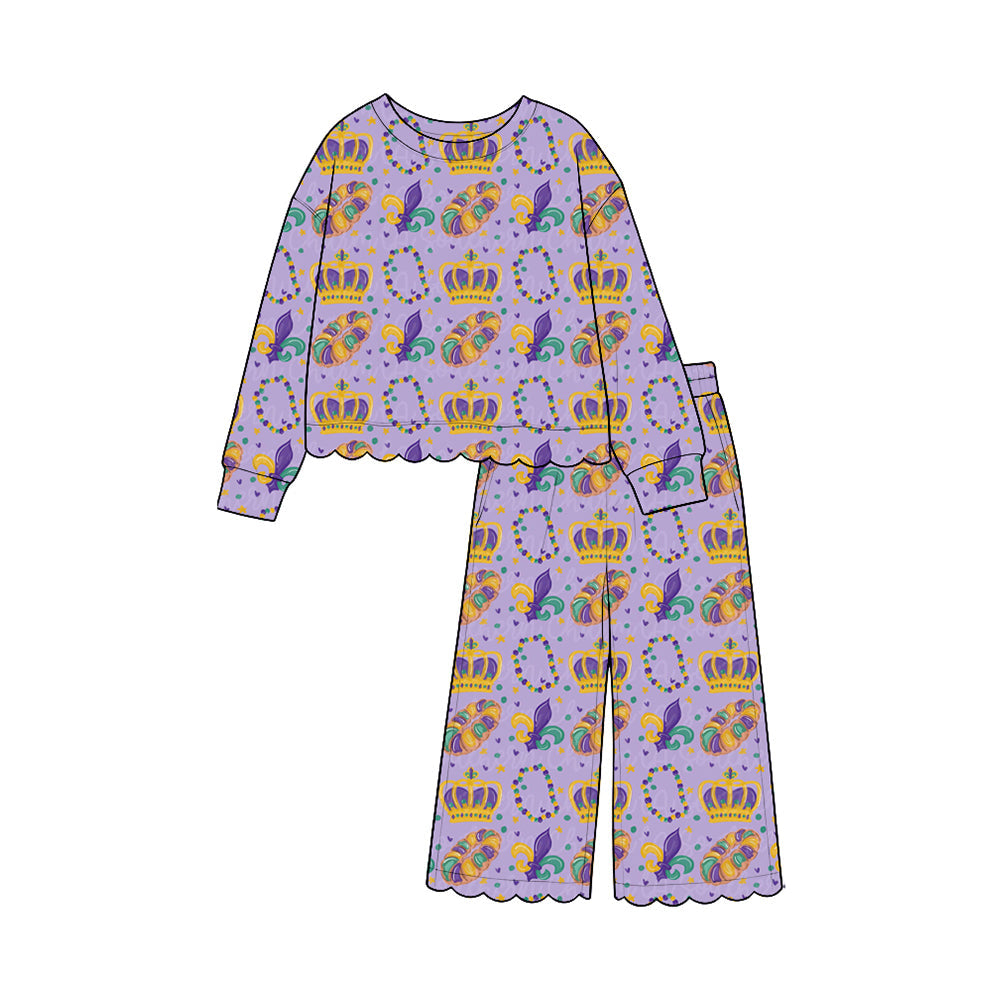 Preorder MOQ 5 pcs Each Style Mardi Gras Girl's Jumpsuit & Scallop Edge Set Kids Matching Clothes 202609
