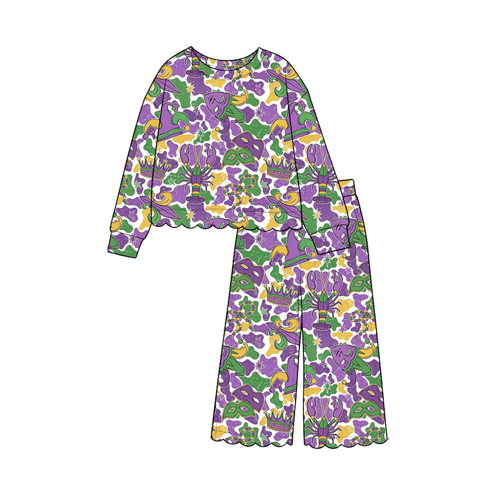 Preorder MOQ 5 pcs Each Style Mardi Gras Mask Camo Girl's Jumpsuit & Scallop Edge Set Kids Matching Clothes 202609