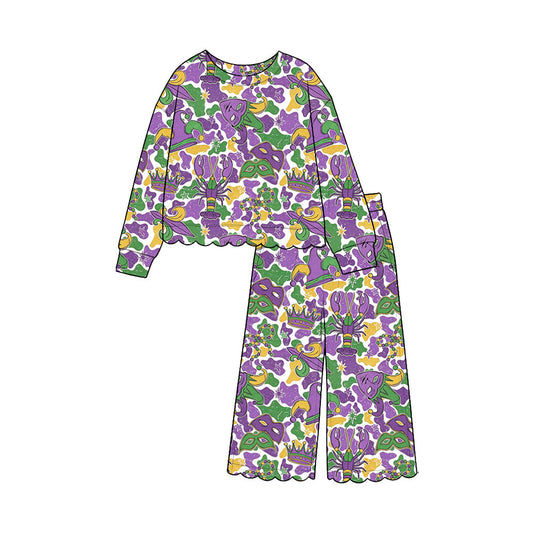 Preorder MOQ 5 pcs Each Style Mardi Gras Mask Camo Girl's Jumpsuit & Scallop Edge Set Kids Matching Clothes 202609