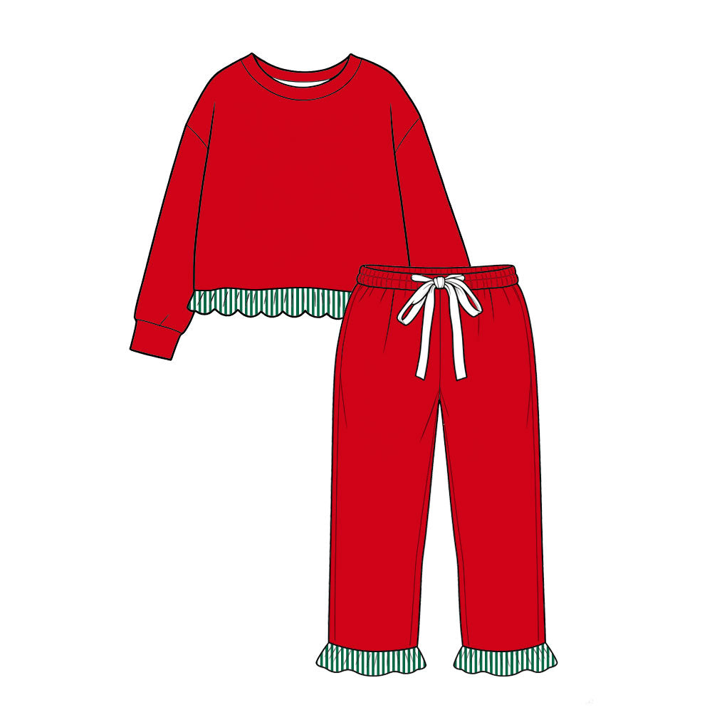 Preorder MOQ 5 pcs GLP3907 Christmas Solid Red Ruffles Girls Set
