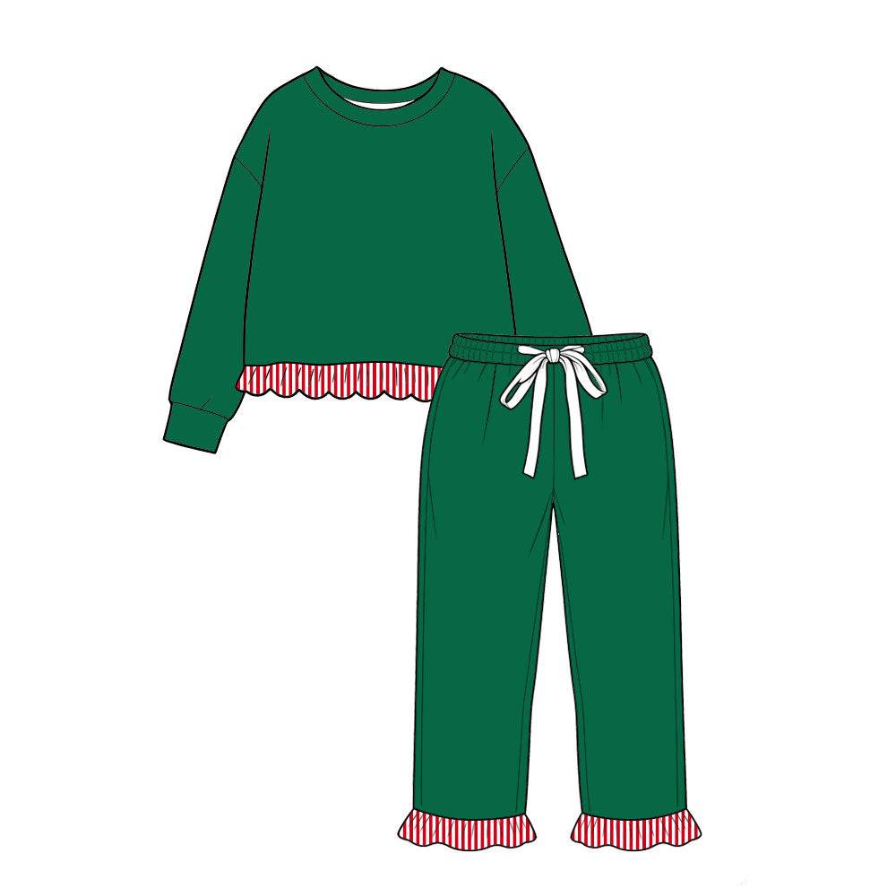 Preorder MOQ 5 pcs GLP3908 Christmas Solid Green Ruffles Girls Set