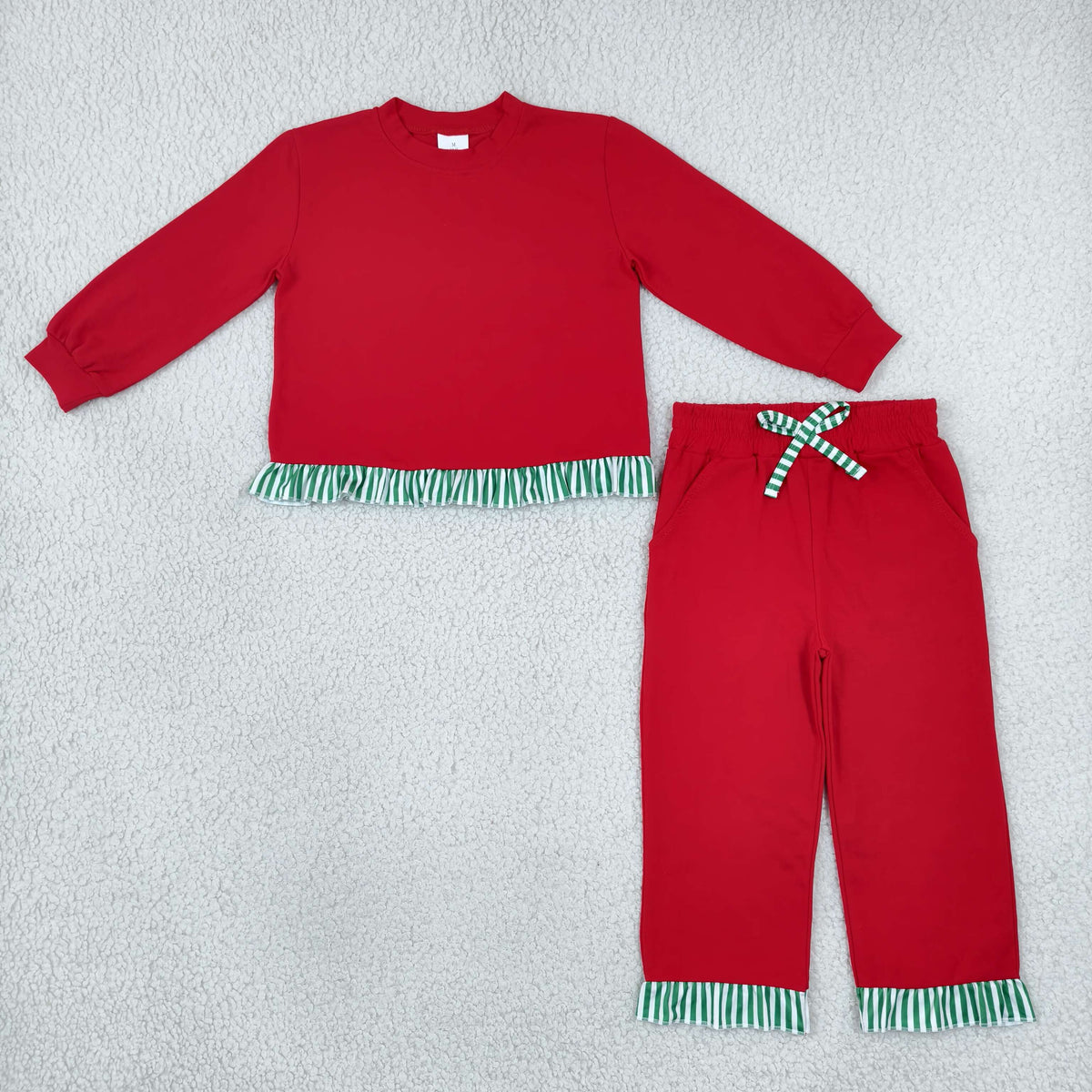 GLP3916 Christmas Solid Color Green Stripe Red Girls Set
