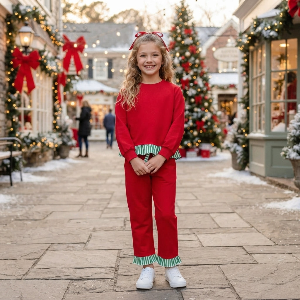 GLP3916 Christmas Solid Color Green Stripe Red Girls Set