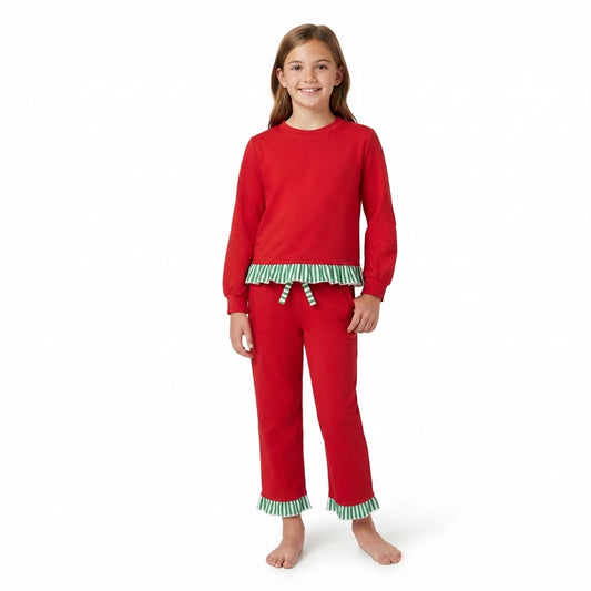GLP3916 Christmas Solid Color Green Stripe Red Girls Set