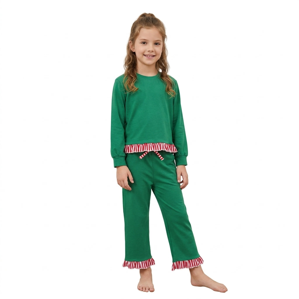 GLP3917 Christmas Solid Color Red Stripe Green Girls Set