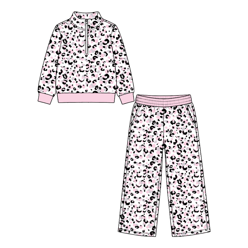 Preorder MOQ 5 pcs Each Style Leopard Zipper Pullover Girls Set Kids Matching Clothes