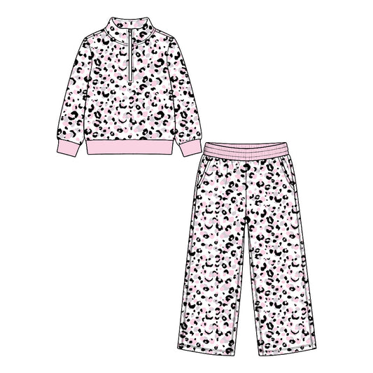 Preorder MOQ 5 pcs Each Style Leopard Zipper Pullover Girls Set Kids Matching Clothes