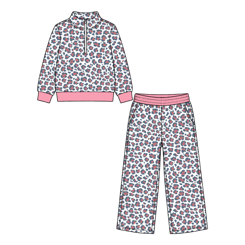 Preorder MOQ 5 pcs Each Style Leopard Zipper Pullover Girls Set Kids Matching Clothes