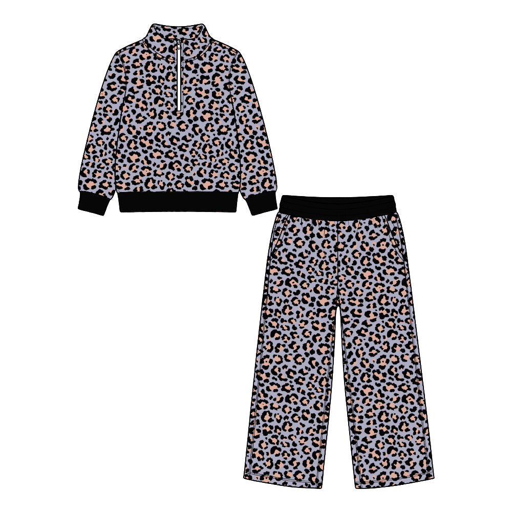 Preorder MOQ 5 pcs Each Style Leopard Zipper Pullover Girls Set Kids Matching Clothes
