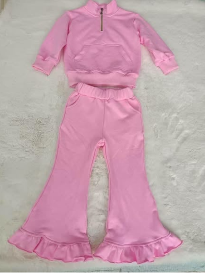Preorder MOQ 5 pcs GLP3947 Solid Color Pink Zipper Pullover Girls Set
