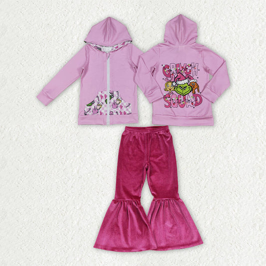 GLP3953 Christmas Green Animals Hoodie Coat Rose Red Velvet Flared Pants Girls Outfits