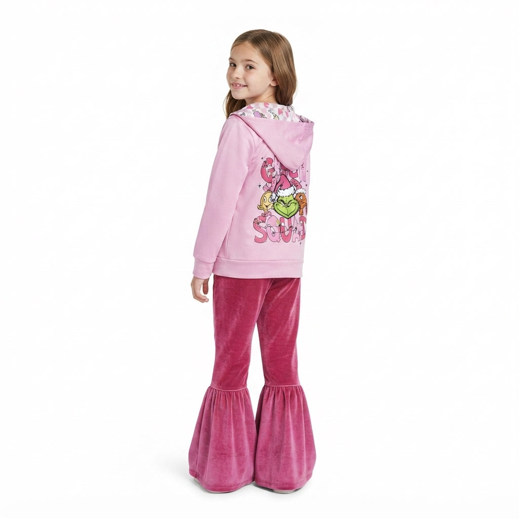 GLP3953 Christmas Green Animals Hoodie Coat Rose Red Velvet Flared Pants Girls Outfits