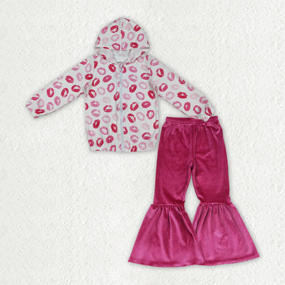 GLP3954 Valentine's Day Hoodie Coat Rose Red Velvet Flared Pants Girls Outfits