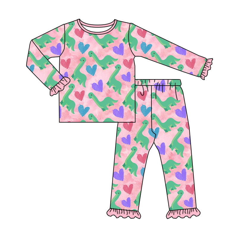 Preorder MOQ 5 pcs Each Style Valentine's Day Love Dinosaur Ruffles Pink Kids Matching Clothes