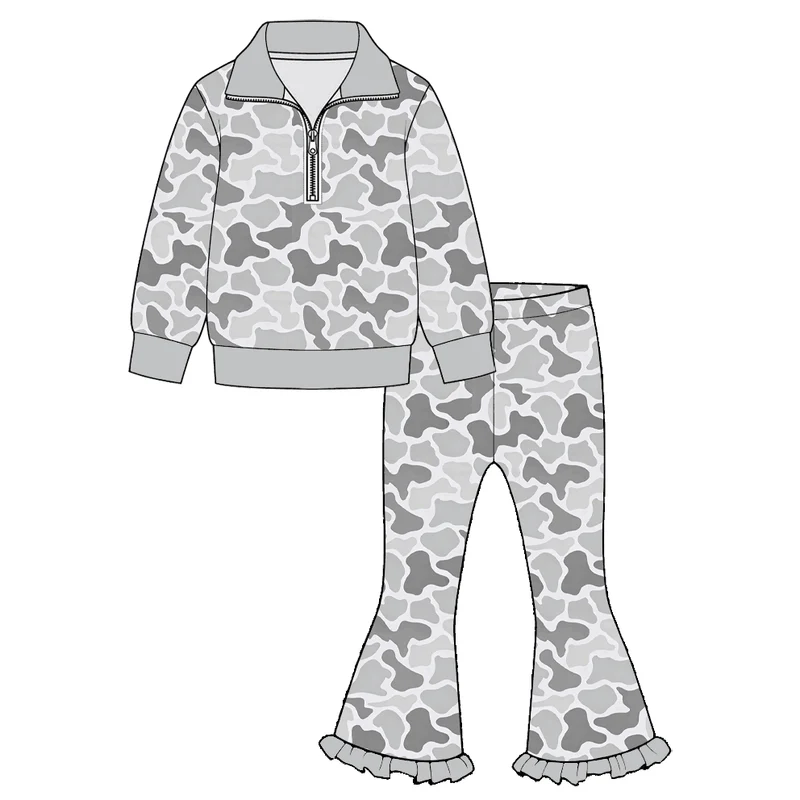 Preorder MOQ 5 pcs Each Style Polo Pullover Ruffle Flared Pants Girls Set Kids Matching Clothes