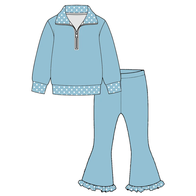 Preorder MOQ 5 pcs Each Style Polo Pullover Ruffle Flared Pants Girls Set Kids Matching Clothes
