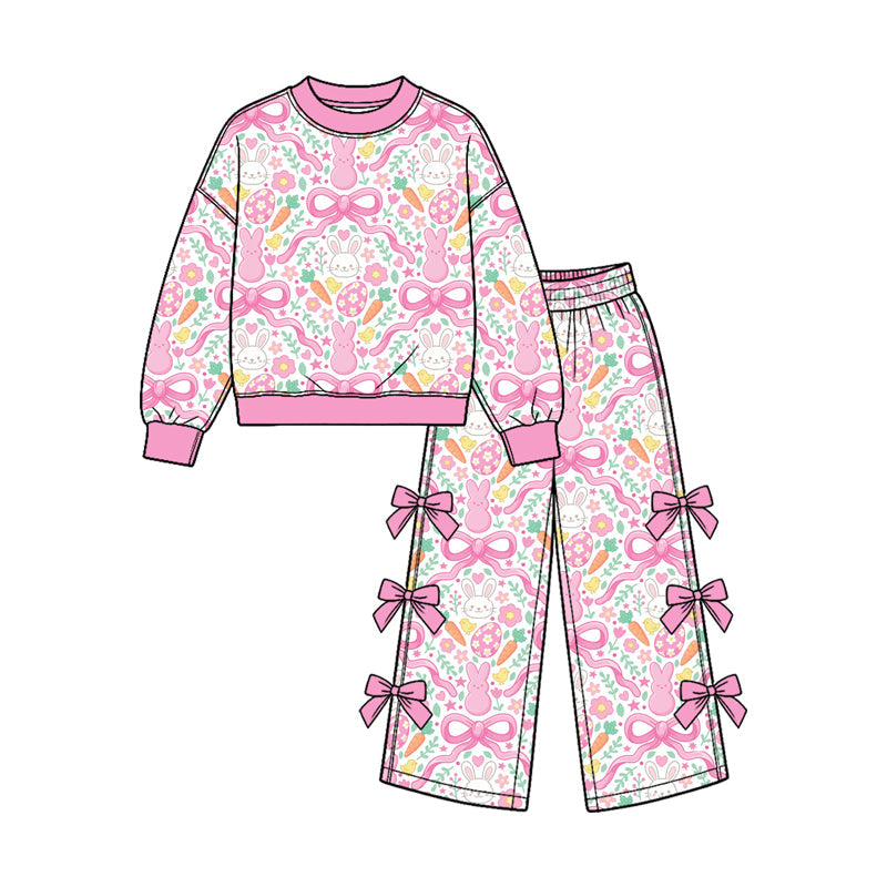 Preorder MOQ 5 pcs Each Style Easter Bunny Flower Bows Pink Kids Matching Clothes