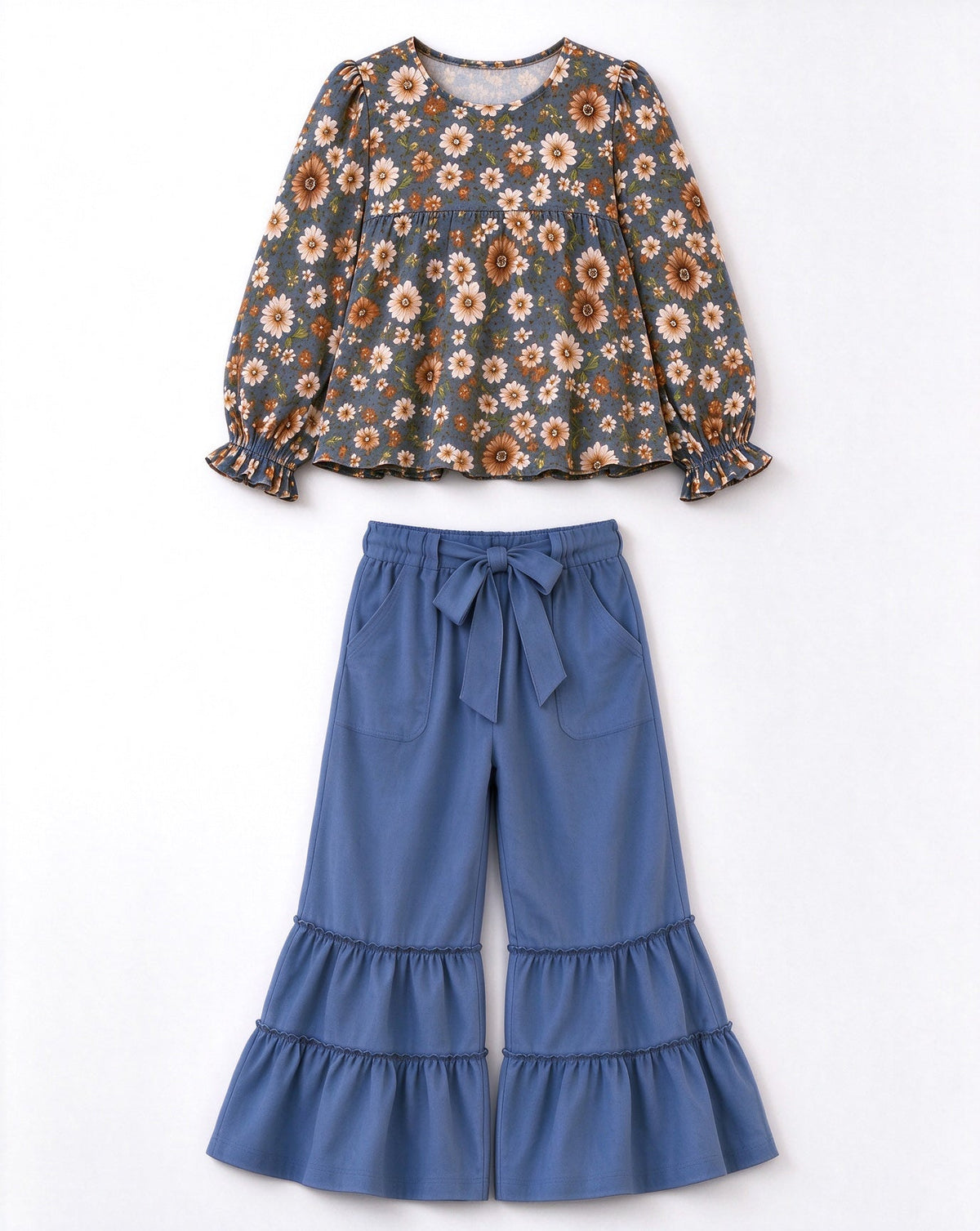 Preorder MOQ 5 pcs GLP3979 Flower Blue Wide Leg Pants Girls Set