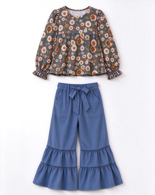 Preorder MOQ 5 pcs GLP3979 Flower Blue Wide Leg Pants Girls Set