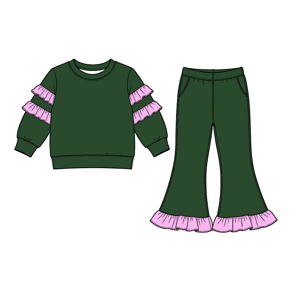 Preorder MOQ 5 pcs GLP3981 Solid Color Purple Ruffles Dark Green Girls Set