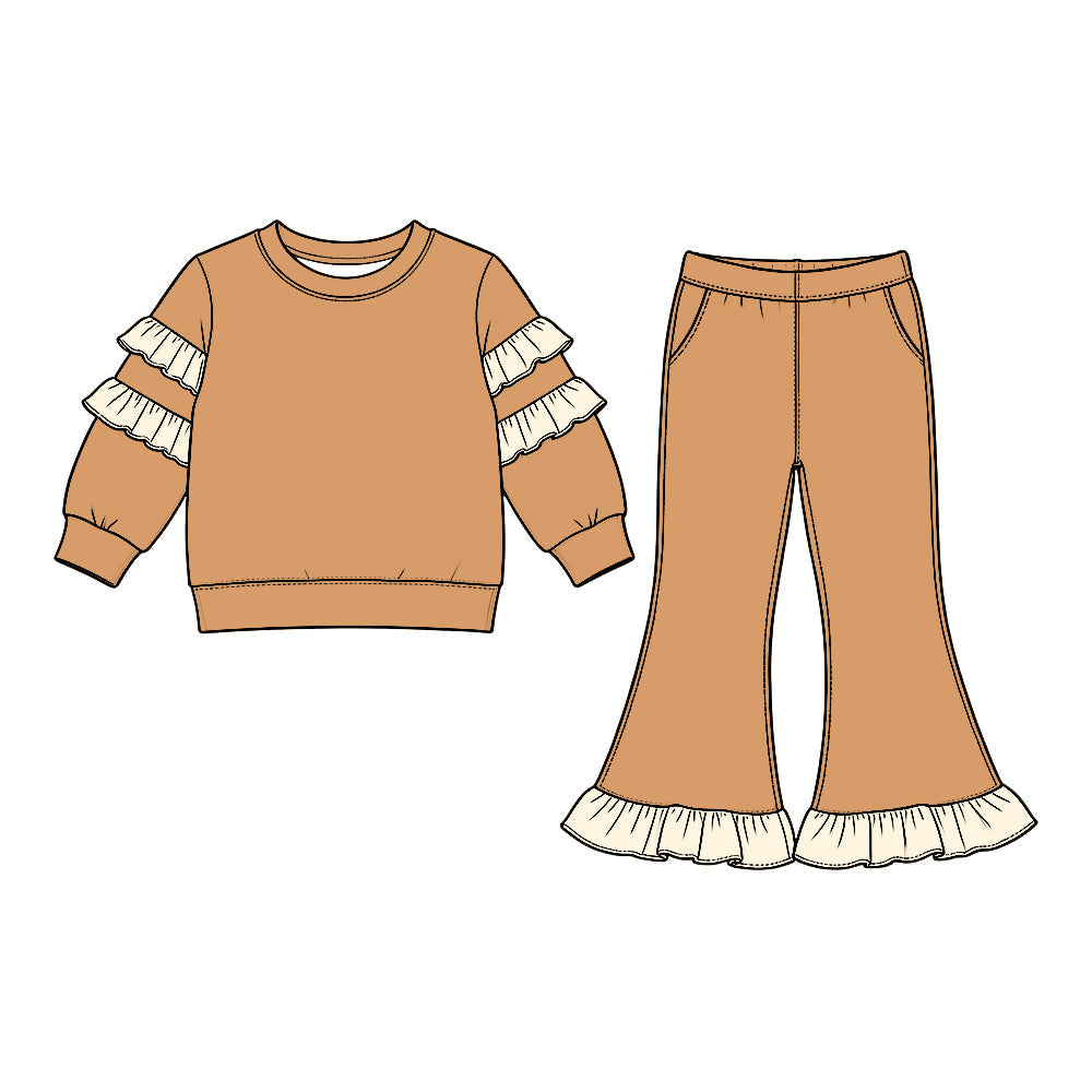 Preorder MOQ 5 pcs GLP3982 Solid Color Ruffles Khaki Girls Set