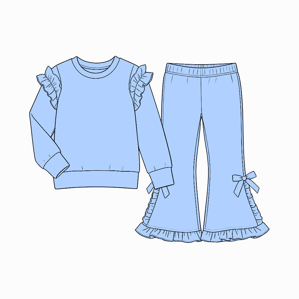 Preorder MOQ 5 pcs GLP3984 Solid Color Sky Blue Ruffles Bows Girls Set