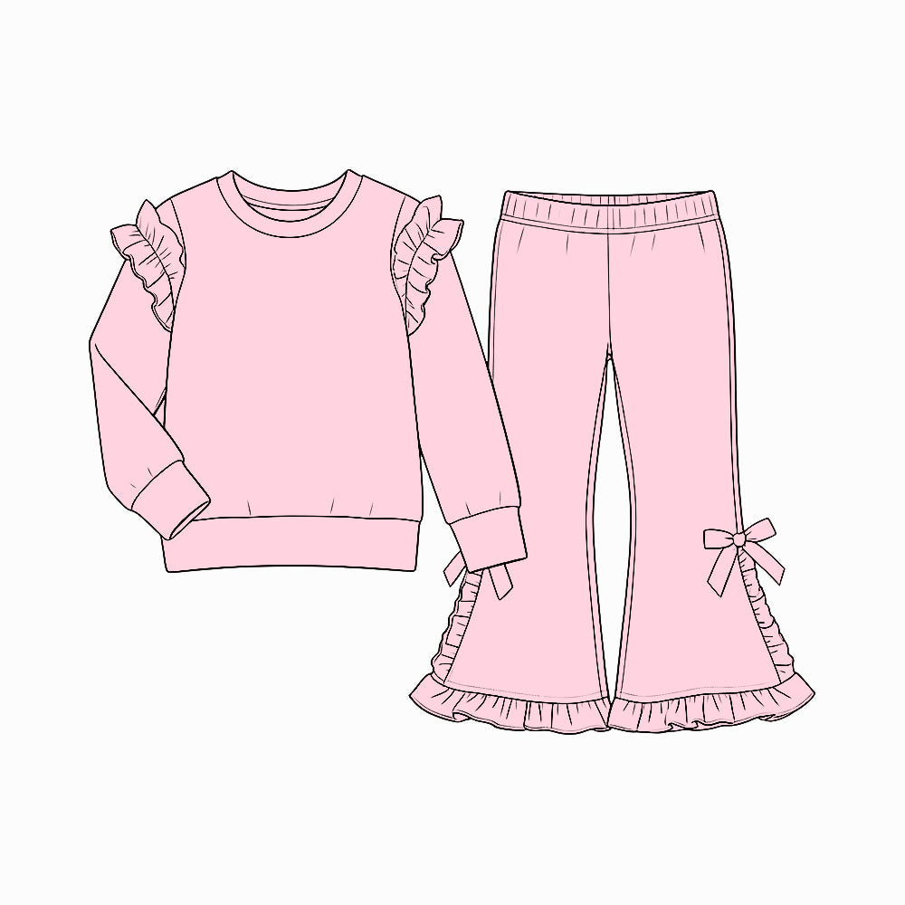 Preorder MOQ 5 pcs GLP3985 Solid Color Pink Ruffles Bows Girls Set