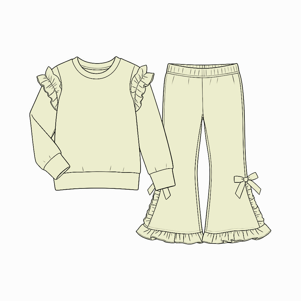 Preorder MOQ 5 pcs GLP3986 Solid Color Light Green Ruffles Bows Girls Set