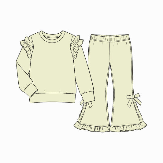 Preorder MOQ 5 pcs GLP3986 Solid Color Light Green Ruffles Bows Girls Set